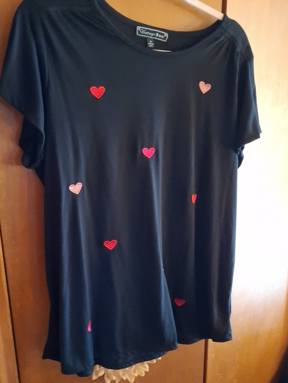 Vintage Rose Black Short Sleeve Tee with Pink & Red Heart Embroidery